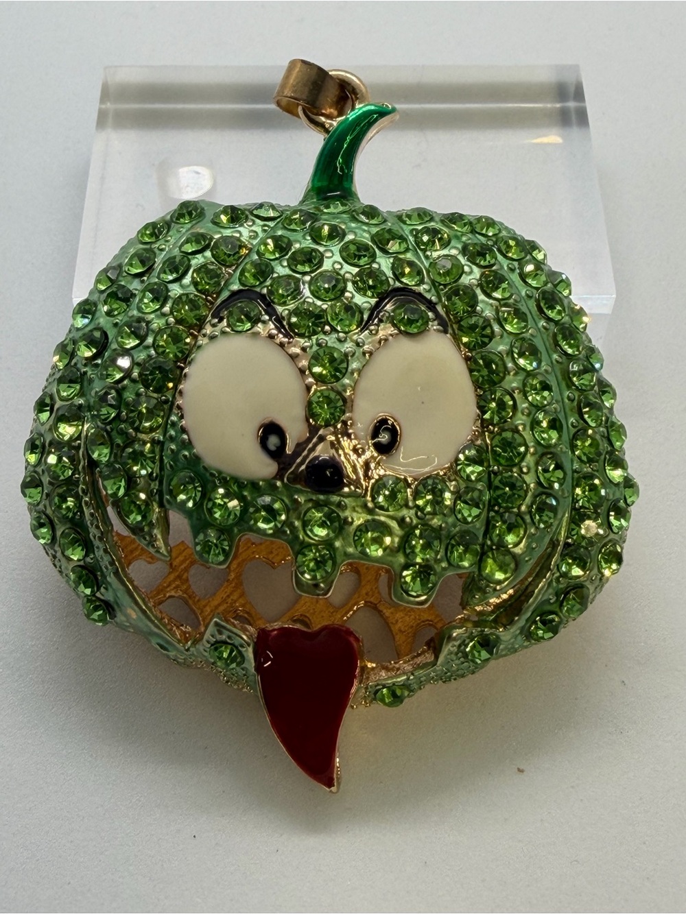 Green Jeweled Pumpkin Pendant with Red Tongue Charm - Picture 5 of 5